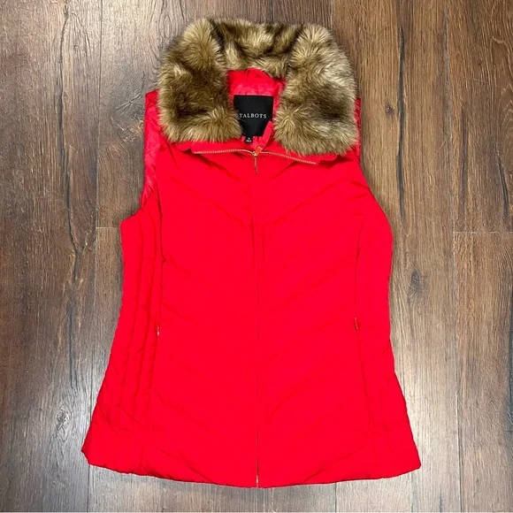 Talbots Faux Fur Collar Down Puffer Vest in Red Pop SZ SM - Picture 3 of 8